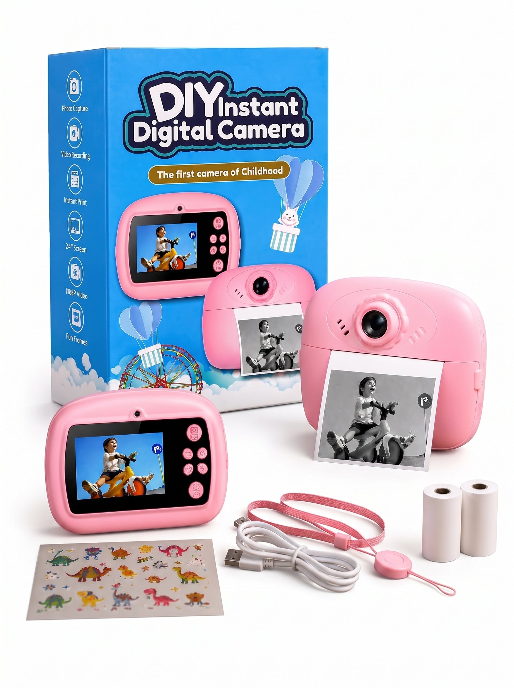 Kids Instant Print Camera | 1080P HD Video, 2.4 Inch IPS Screen, Rechargeable Battery